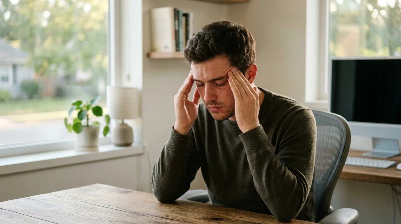 Hombre de mediana edad apoyado en su escritorio, frotándose los ojos por cansancio laboral