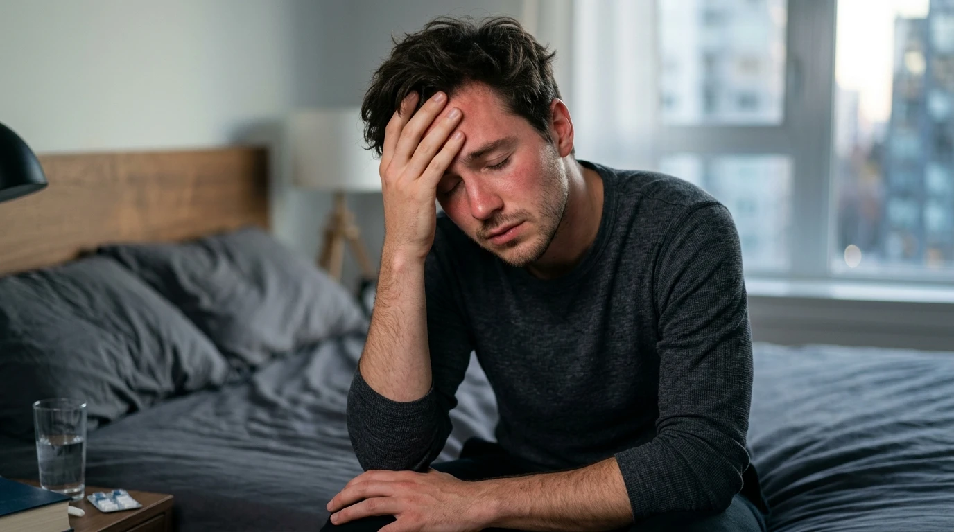 Hombre cansado tocándose la frente con gesto de dolor en su oficina iluminada.
